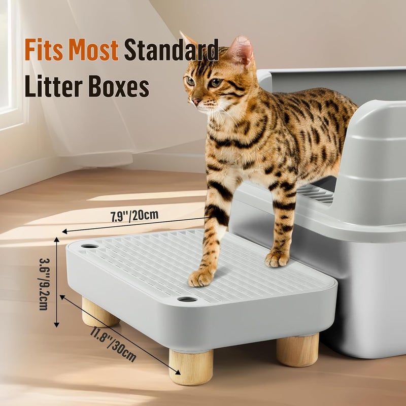 Bartuke Cat Litter Box Step Ramp, Cat Litter Catcher Mat with Wooden Feet, Filter Function, Pedal Stool for Self-Cleaning Litter Box, Ideal for Kitten & Elderly Cats(Light Grey) - Image 2